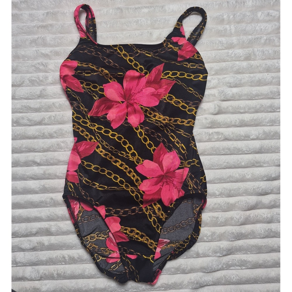 Longitude Swimsuit Size 10 Black & Red Pink Flowers Gold Chain One Piece